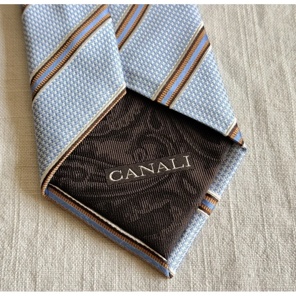 Canali Mens Light Blue 100% Silk Tie Jacquard Striped Made In Italy Quiet Luxury